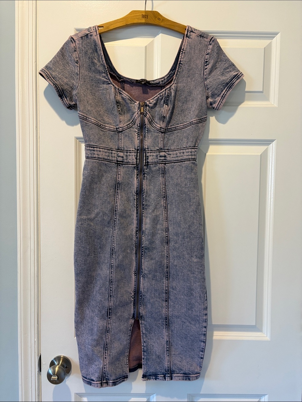 VENUS Acid Wash Pink Stretch Denim Zip Front Bodycon Midi Dress NWOT